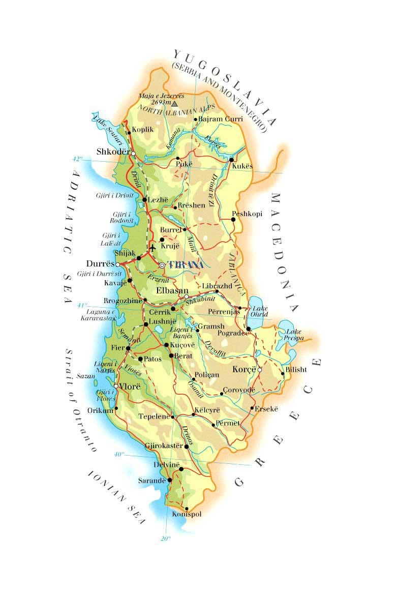 mapa de mapa físic d'Albània